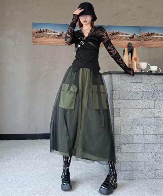 ワイドパンツ レース重ね ガウチョパンツ ウエストゴム カーキ 大きいサイズ < 女性ファッション ワイドパンツ レース重ね ガウチョパンツ ウエストゴム カーキ 大きいサイズ < 女性ファッションの