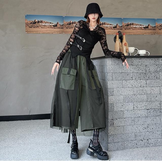 ワイドパンツ レース重ね ガウチョパンツ ウエストゴム カーキ 大きいサイズ < 女性ファッション ワイドパンツ レース重ね ガウチョパンツ ウエストゴム カーキ 大きいサイズ < 女性ファッションの