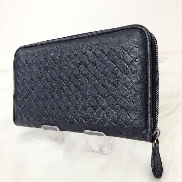 【希少】 BOTTEGA VENETA ボッテガヴェネタ 長財布 イントレチャート オーストリッチ ラウンドファスナー ネイビー < ブランド 【希少】 BOTTEGA VENETA ボッテガヴェネタ 長財布 イントレチャート オーストリッチ ラウンドファスナー ネイビー < ブランドの
