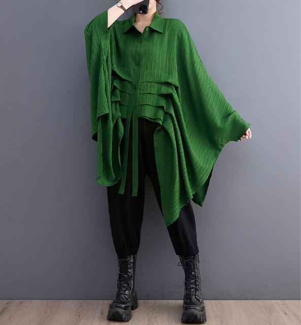 前開き ドルマン 不規則 シャツブラウス グリーン系 大きいサイズ < 女性ファッション 前開き ドルマン 不規則 シャツブラウス グリーン系 大きいサイズ < 女性ファッションの