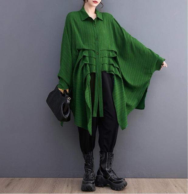 前開き ドルマン 不規則 シャツブラウス グリーン系 大きいサイズ < 女性ファッション 前開き ドルマン 不規則 シャツブラウス グリーン系 大きいサイズ < 女性ファッションの