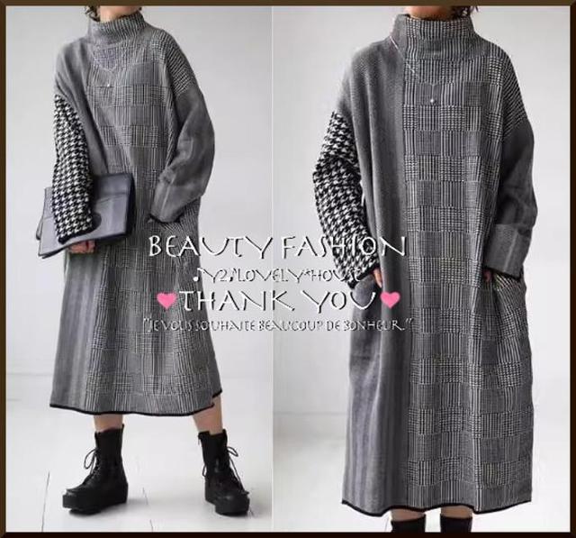 〜3L4L5L*千鳥格子ヘリンボーンMIX切替ハイネックニットワンヒ < 女性ファッション 〜3L4L5L*千鳥格子ヘリンボーンMIX切替ハイネックニットワンヒ < 女性ファッションの