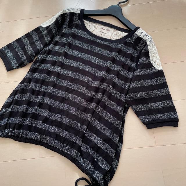 美品 ショルダーレース ボーダー カットソー < 女性ファッション  美品 ショルダーレース ボーダー カットソー  < 女性ファッションの