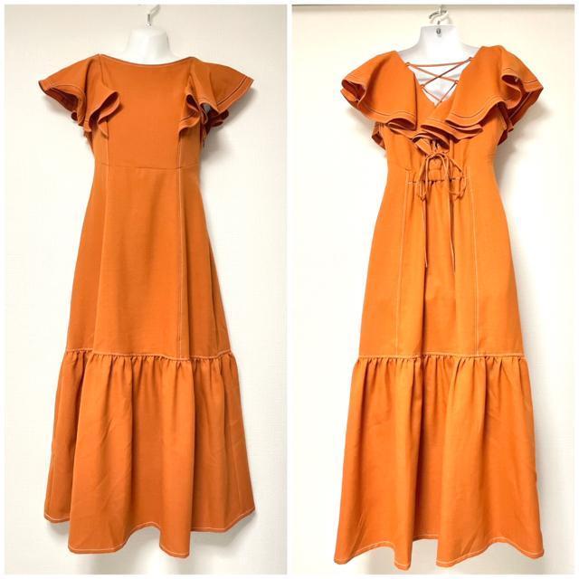 LilyBrownリリーブラウンオレンジブラウンテラコッタレースアップラッフルフリルフレアスリーブロングワンピースステッチ茶白 < ブランド LilyBrownリリーブラウンオレンジブラウンテラコッタレースアップラッフルフリルフレアスリーブロングワンピースステッチ茶白 < ブランドの