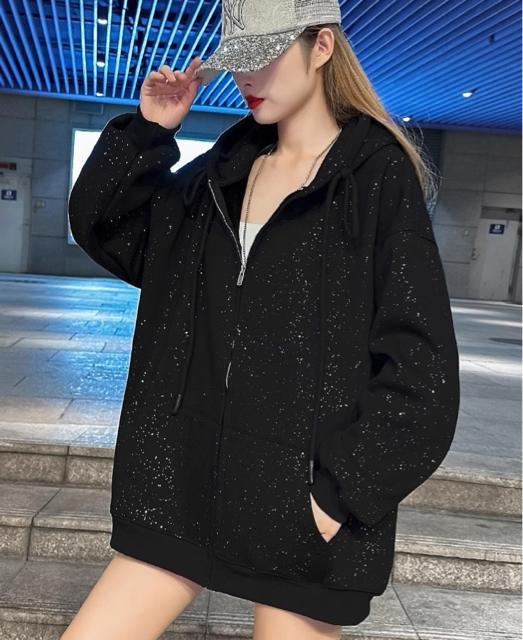 キラキララメ入り パーカー ジップアップ 前開き ブラック 大きいサイズ < 女性ファッション  キラキララメ入り パーカー ジップアップ 前開き ブラック 大きいサイズ < 女性ファッションの