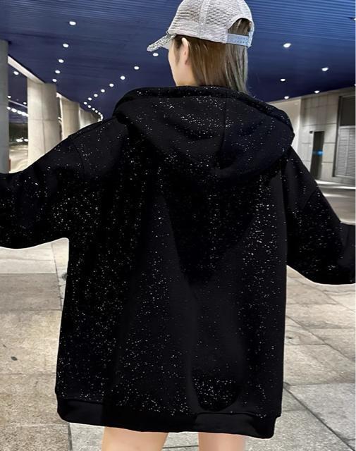 キラキララメ入り パーカー ジップアップ 前開き ブラック 大きいサイズ < 女性ファッション  キラキララメ入り パーカー ジップアップ 前開き ブラック 大きいサイズ < 女性ファッションの