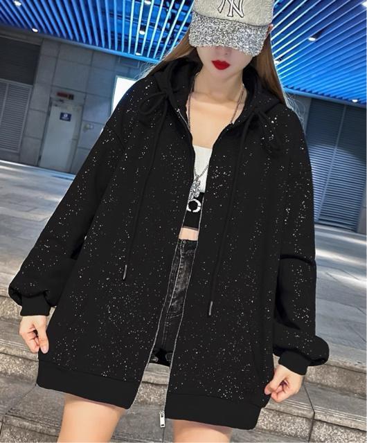 キラキララメ入り パーカー ジップアップ 前開き ブラック 大きいサイズ < 女性ファッション  キラキララメ入り パーカー ジップアップ 前開き ブラック 大きいサイズ < 女性ファッションの