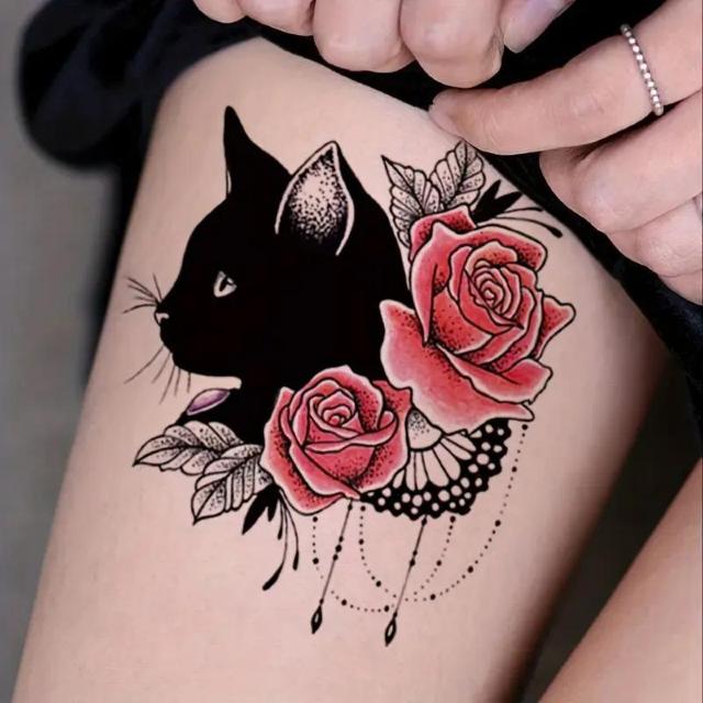 爆ヤス価格390円★リアルな黒猫&バラのテンポラリータトゥーステッカー - 防水、長持ちするハーフアームボディアート < 女性ファッション  爆ヤス価格390円★リアルな黒猫&バラのテンポラリータトゥーステッカー - 防水、長持ちするハーフアームボディアート  < 女性ファッションの
