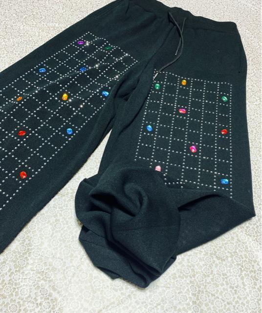 ガウチョパンツ  ニットワイドパンツ キラキラビーズ付き ウエスト調整紐付き 大きいサイズ < 女性ファッション  ガウチョパンツ  ニットワイドパンツ キラキラビーズ付き ウエスト調整紐付き 大きいサイズ < 女性ファッションの