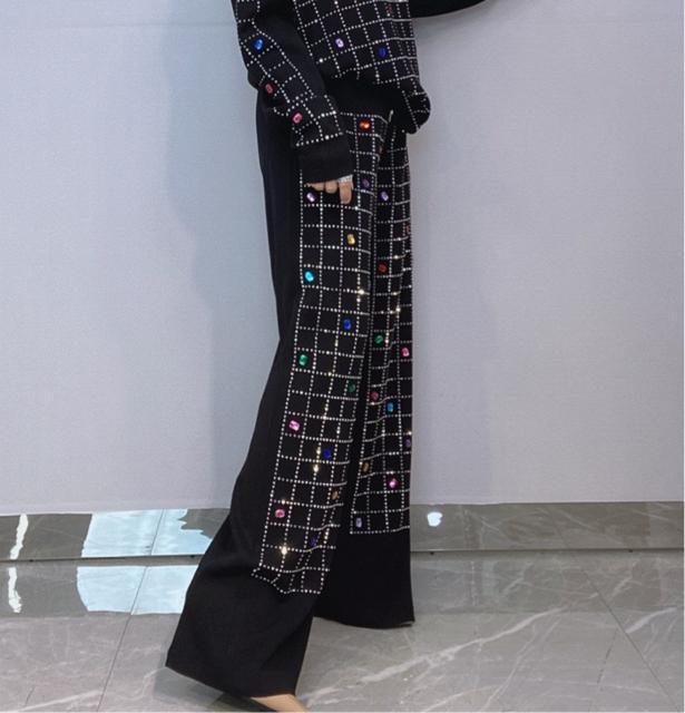 ガウチョパンツ  ニットワイドパンツ キラキラビーズ付き ウエスト調整紐付き 大きいサイズ < 女性ファッション  ガウチョパンツ  ニットワイドパンツ キラキラビーズ付き ウエスト調整紐付き 大きいサイズ < 女性ファッションの