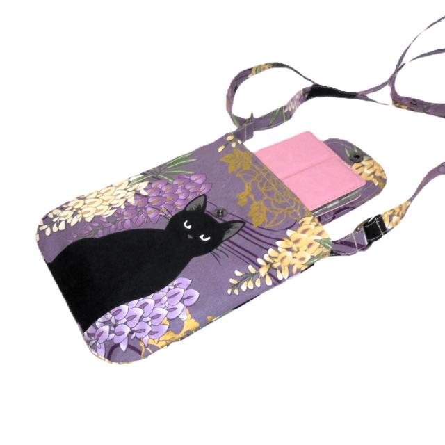 ◆百華繚蘭◆Japanese黒猫と藤の花×パープル紫地◆スマホポシェット ショルダー ポーチ < 女性ファッション ◆百華繚蘭◆Japanese黒猫と藤の花×パープル紫地◆スマホポシェット ショルダー ポーチ < 女性ファッションの