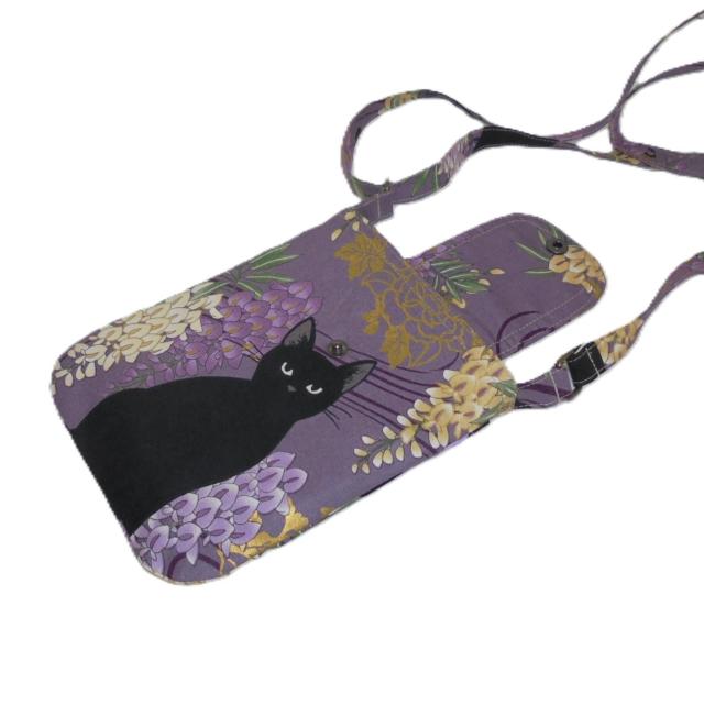 ◆百華繚蘭◆Japanese黒猫と藤の花×パープル紫地◆スマホポシェット ショルダー ポーチ < 女性ファッション ◆百華繚蘭◆Japanese黒猫と藤の花×パープル紫地◆スマホポシェット ショルダー ポーチ < 女性ファッションの