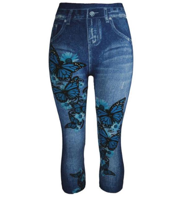 送料無料 レディース 7分丈 夏レギンス 蝶と花柄 デニム風 レギンス パンツ < 女性ファッション  送料無料 レディース 7分丈 夏レギンス 蝶と花柄 デニム風 レギンス パンツ < 女性ファッションの