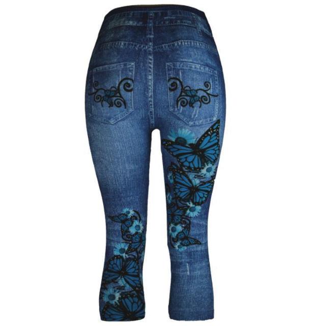 送料無料 レディース 7分丈 夏レギンス 蝶と花柄 デニム風 レギンス パンツ < 女性ファッション  送料無料 レディース 7分丈 夏レギンス 蝶と花柄 デニム風 レギンス パンツ < 女性ファッションの