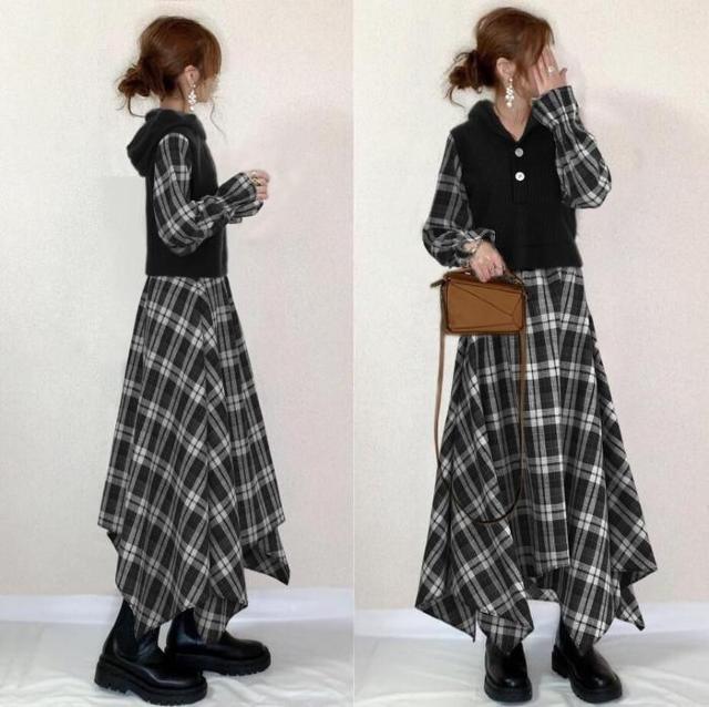〜3L*重ね着風ネルシャツチェック柄ヘムラインパーカーワンヒ < 女性ファッション  〜3L*重ね着風ネルシャツチェック柄ヘムラインパーカーワンヒ < 女性ファッションの