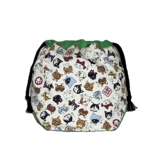 【底マチ幅が広い巾着】◆日本猫◆日本のねこちゃん図鑑・白×グリーン◆裏地あり巾着 < 女性ファッション 【底マチ幅が広い巾着】◆日本猫◆日本のねこちゃん図鑑・白×グリーン◆裏地あり巾着 < 女性ファッションの