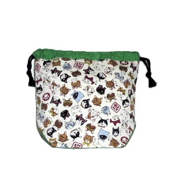 【底マチ幅が広い巾着】◆日本猫◆日本のねこちゃん図鑑・白×グリーン◆裏地あり巾着 < 女性ファッション 【底マチ幅が広い巾着】◆日本猫◆日本のねこちゃん図鑑・白×グリーン◆裏地あり巾着 < 女性ファッションの