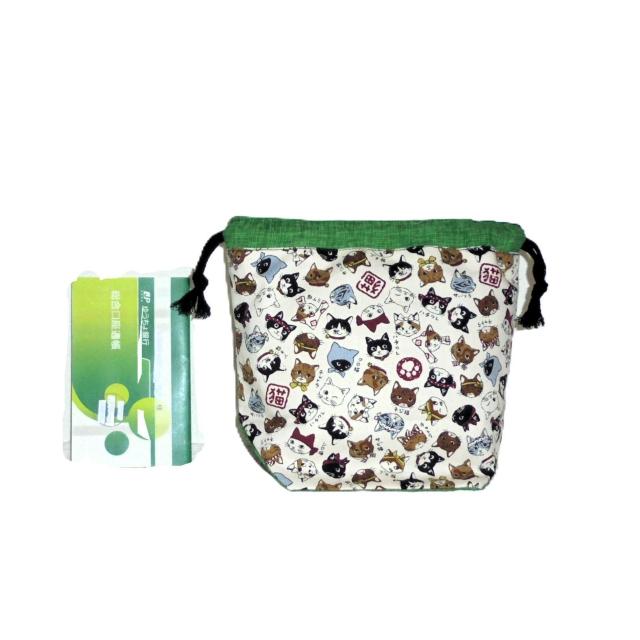 【底マチ幅が広い巾着】◆日本猫◆日本のねこちゃん図鑑・白×グリーン◆裏地あり巾着 < 女性ファッション 【底マチ幅が広い巾着】◆日本猫◆日本のねこちゃん図鑑・白×グリーン◆裏地あり巾着 < 女性ファッションの