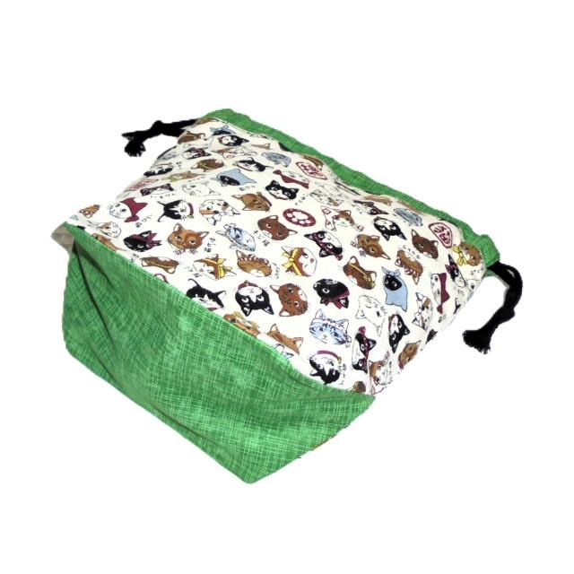 【底マチ幅が広い巾着】◆日本猫◆日本のねこちゃん図鑑・白×グリーン◆裏地あり巾着 < 女性ファッション 【底マチ幅が広い巾着】◆日本猫◆日本のねこちゃん図鑑・白×グリーン◆裏地あり巾着 < 女性ファッションの
