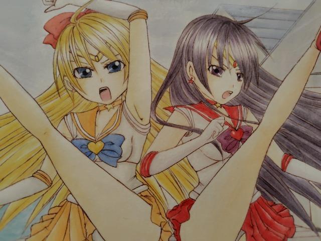 手描きイラスト セーラーヴィーナス・セーラーマーズ ダブルキック < アニメ/コミック/キャラクター  手描きイラスト セーラーヴィーナス・セーラーマーズ ダブルキック < アニメ/コミック/キャラクターの