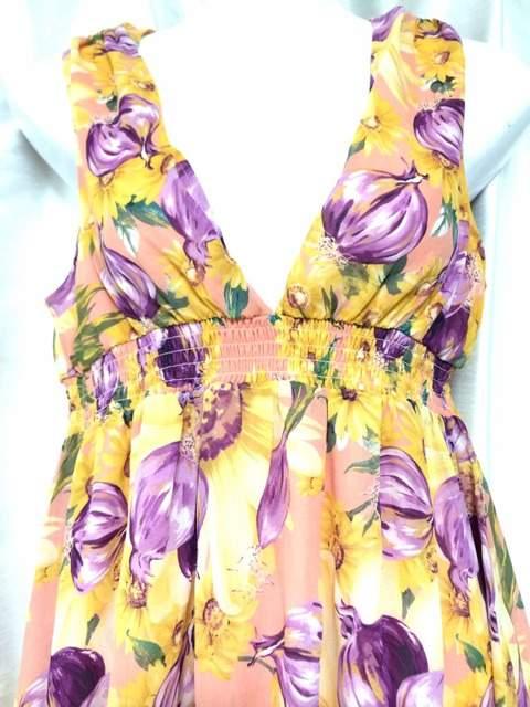 リゾートフラワーピンクオレンジ紫シフォンマキシワンピドレス < ブランド リゾートフラワーピンクオレンジ紫シフォンマキシワンピドレス < ブランドの