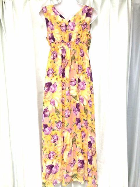 リゾートフラワーピンクオレンジ紫シフォンマキシワンピドレス < ブランド リゾートフラワーピンクオレンジ紫シフォンマキシワンピドレス < ブランドの