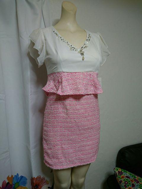 秋冬 白×ピンク シフォンレース ビジューペプラム ミニドレス < 女性ファッション  秋冬 白×ピンク シフォンレース ビジューペプラム ミニドレス  < 女性ファッションの