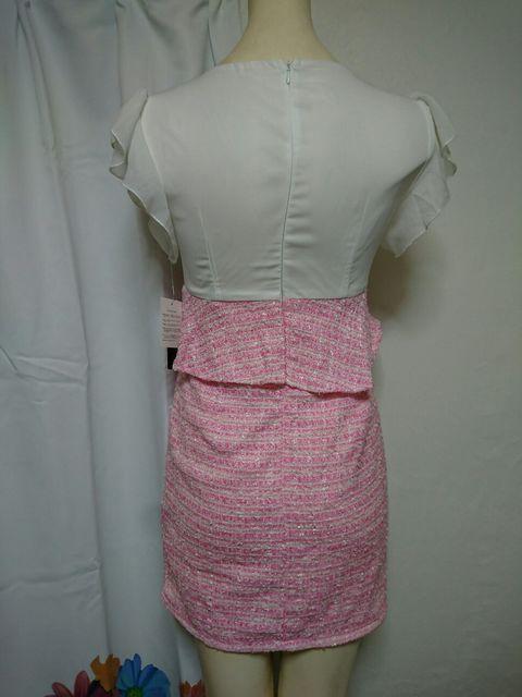 秋冬 白×ピンク シフォンレース ビジューペプラム ミニドレス < 女性ファッション  秋冬 白×ピンク シフォンレース ビジューペプラム ミニドレス < 女性ファッションの