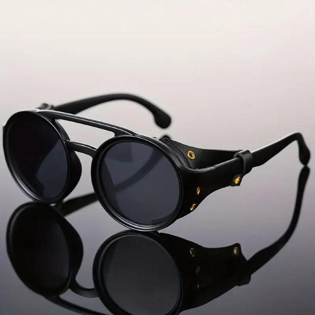 爆ヤス価格990円★レトロプレミアムクールスチームパンクラウンドサングラス、PUレザーシールドとダブルブリッジ付き 黒 < 男性ファッション  爆ヤス価格990円★レトロプレミアムクールスチームパンクラウンドサングラス、PUレザーシールドとダブルブリッジ付き 黒 < 男性ファッションの