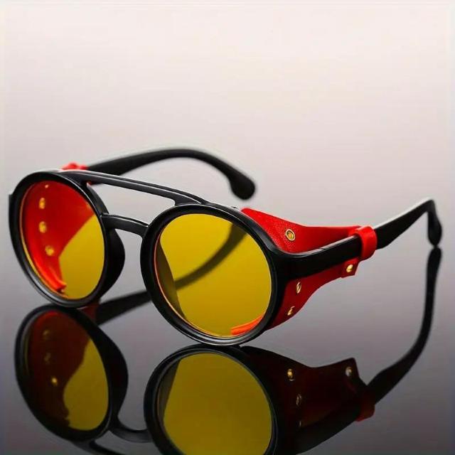 爆ヤス価格990円★レトロプレミアムクールスチームパンクラウンドサングラス、PUレザーシールドとダブルブリッジ付き 黒 < 男性ファッション  爆ヤス価格990円★レトロプレミアムクールスチームパンクラウンドサングラス、PUレザーシールドとダブルブリッジ付き 黒 < 男性ファッションの