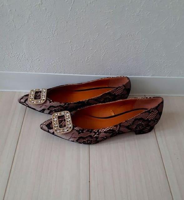 可愛い♪ブラックレース つま先ラインストーンビジュー パンプス 靴 M < 女性ファッション  可愛い♪ブラックレース つま先ラインストーンビジュー パンプス 靴 M < 女性ファッションの