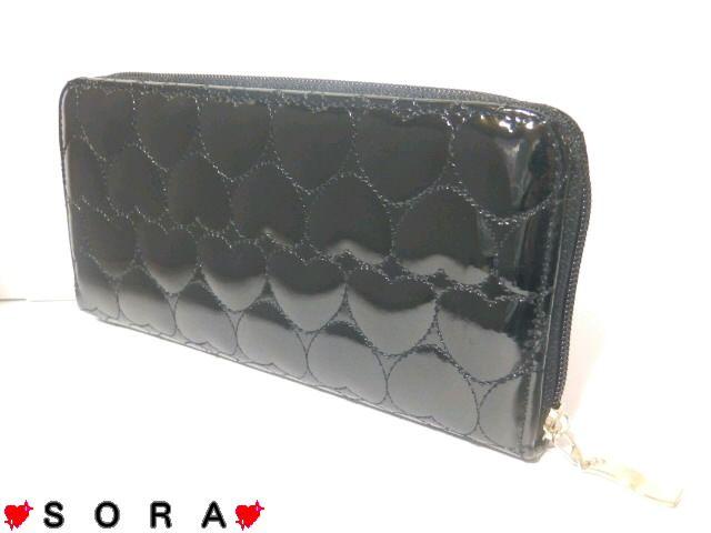 可愛い♪ぷっくり エナメル ハートキルティング ラウンドファスナー長財布 ブラック < 女性ファッション 可愛い♪ぷっくり エナメル ハートキルティング ラウンドファスナー長財布 ブラック < 女性ファッションの