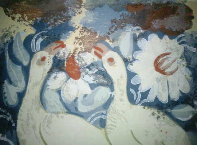 色摺木版画 古代壁画風『花の中の二羽の白い鳥』作者不詳 真作 < ホビー 色摺木版画 古代壁画風『花の中の二羽の白い鳥』作者不詳 真作 < ホビーの