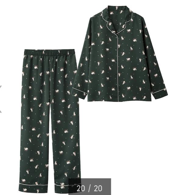 GU・猫キャットスター柄ダークグリーンサテン長袖パジャマ < ブランド GU・猫キャットスター柄ダークグリーンサテン長袖パジャマ < ブランドの