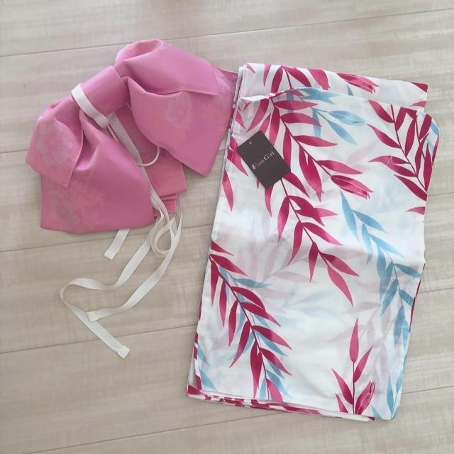 ◆新品!!浴衣2点セット◆ホワイト×葉っぱ柄F★作り帯付き♪ < 女性ファッション ◆新品!!浴衣2点セット◆ホワイト×葉っぱ柄F★作り帯付き♪ < 女性ファッションの
