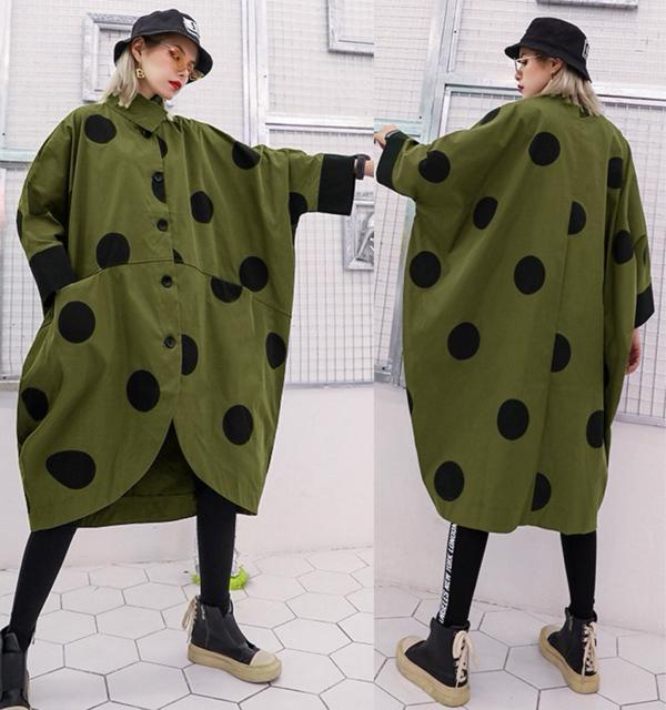 ワイド 前開き ロング丈 ジャケット ドット柄 カーキ 大きいサイズ < 女性ファッション ワイド 前開き ロング丈 ジャケット ドット柄 カーキ 大きいサイズ < 女性ファッションの