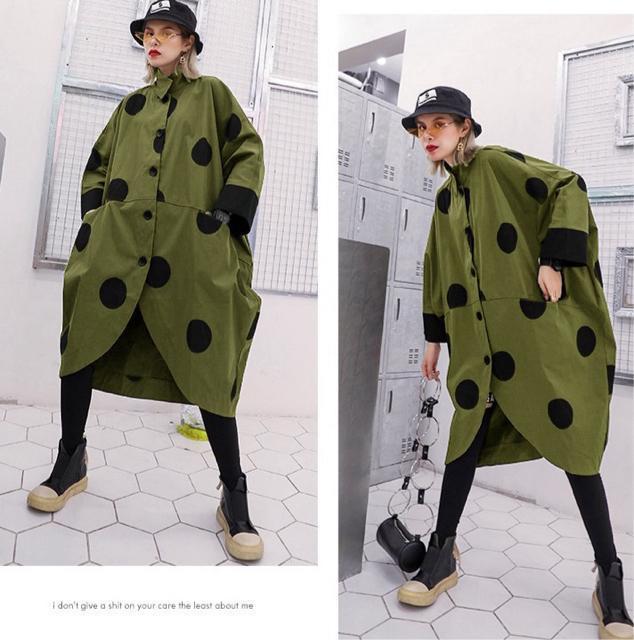 ワイド 前開き ロング丈 ジャケット ドット柄 カーキ 大きいサイズ < 女性ファッション ワイド 前開き ロング丈 ジャケット ドット柄 カーキ 大きいサイズ < 女性ファッションの