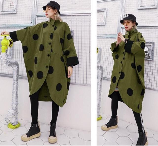 ワイド 前開き ロング丈 ジャケット ドット柄 カーキ 大きいサイズ < 女性ファッション ワイド 前開き ロング丈 ジャケット ドット柄 カーキ 大きいサイズ < 女性ファッションの