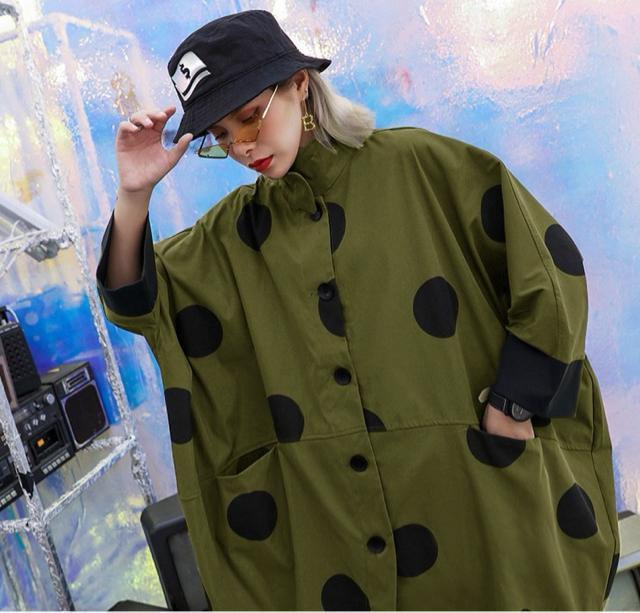 ワイド 前開き ロング丈 ジャケット ドット柄 カーキ 大きいサイズ < 女性ファッション ワイド 前開き ロング丈 ジャケット ドット柄 カーキ 大きいサイズ < 女性ファッションの