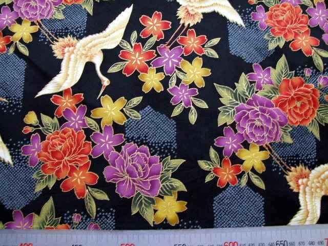 和柄 黒地百華繚蘭鶴牡丹桜50×110 キルトゲイト QUILT GATE < ペット/手芸/園芸  和柄 黒地百華繚蘭鶴牡丹桜50×110 キルトゲイト QUILT GATE < ペット/手芸/園芸の