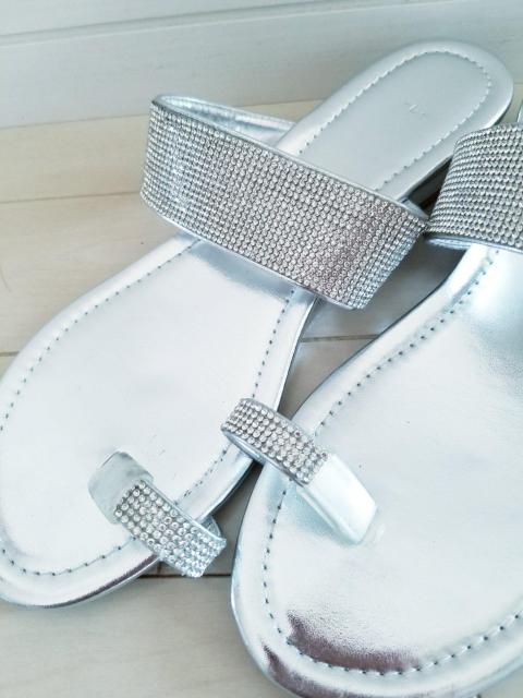 ラインストーン キラキラ フラットサンダル シルバー L < 女性ファッション ラインストーン キラキラ フラットサンダル シルバー L < 女性ファッションの