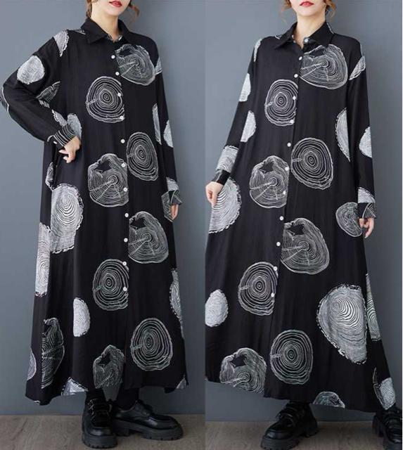 前開き シャツワンピース ロング丈 ドット模様 ホワイト 紐ベルト付き 大きいサイズ < 女性ファッション  前開き シャツワンピース ロング丈 ドット模様 ホワイト 紐ベルト付き 大きいサイズ  < 女性ファッションの