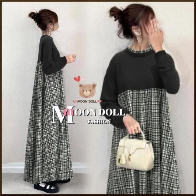 〜3L*モノトーンチェック切替ロングワンピース*黒 < 女性ファッション 〜3L*モノトーンチェック切替ロングワンピース*黒 < 女性ファッションの