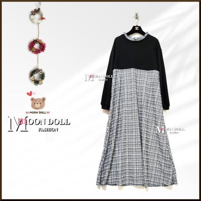 〜3L*モノトーンチェック切替ロングワンピース*黒 < 女性ファッション 〜3L*モノトーンチェック切替ロングワンピース*黒 < 女性ファッションの