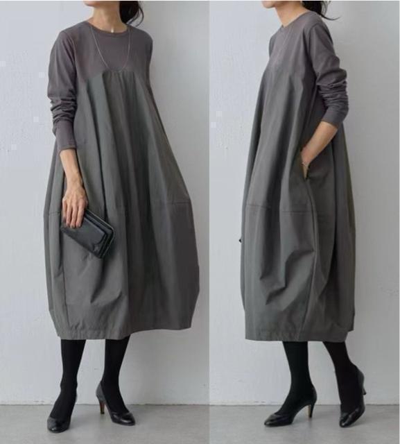 コクーン ワンピース 異素材 ロング丈 長袖 グレー系 大きいサイズ < 女性ファッション コクーン ワンピース 異素材 ロング丈 長袖 グレー系 大きいサイズ < 女性ファッションの