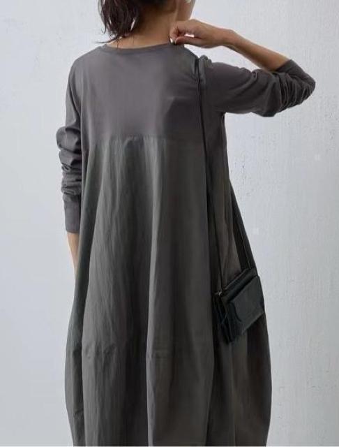 コクーン ワンピース 異素材 ロング丈 長袖 グレー系 大きいサイズ < 女性ファッション コクーン ワンピース 異素材 ロング丈 長袖 グレー系 大きいサイズ < 女性ファッションの
