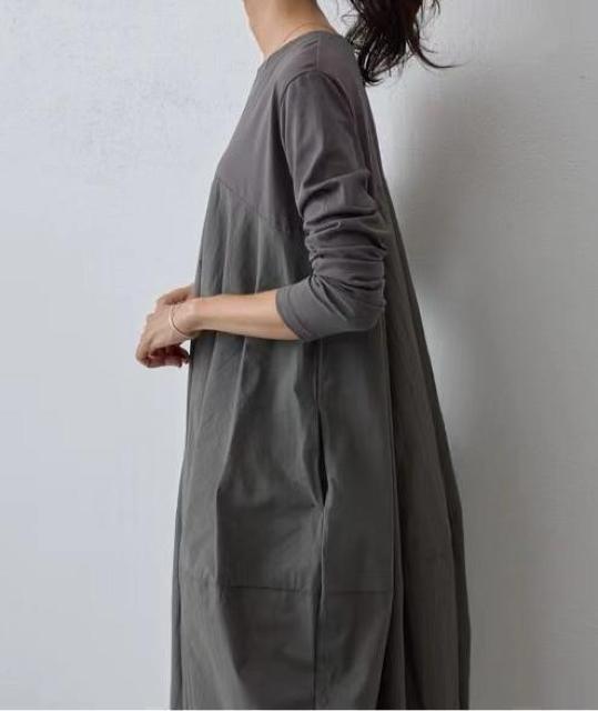 コクーン ワンピース 異素材 ロング丈 長袖 グレー系 大きいサイズ < 女性ファッション コクーン ワンピース 異素材 ロング丈 長袖 グレー系 大きいサイズ < 女性ファッションの
