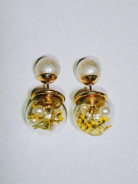 ガラスドームドライフラワーイエローナチュラルパールピアス☆ < 女性アクセサリー/時計  ガラスドームドライフラワーイエローナチュラルパールピアス☆ < 女性アクセサリー/時計の