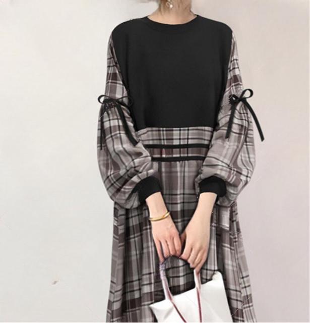 チェック柄 切り替え フレアワンピース バルーン袖 大きいサイズ < 女性ファッション  チェック柄 切り替え フレアワンピース バルーン袖 大きいサイズ < 女性ファッションの