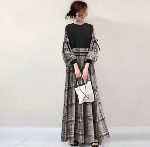 チェック柄 切り替え フレアワンピース バルーン袖 大きいサイズ < 女性ファッション  チェック柄 切り替え フレアワンピース バルーン袖 大きいサイズ < 女性ファッションの
